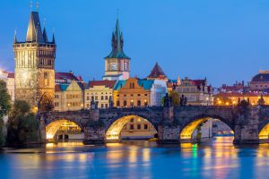 Jewish Heritage in Central Europe, 14 days/13 nights. The Charles Bridge and towers at night time, Prague, Czech Republic. Jewish Heritage in Central Europe