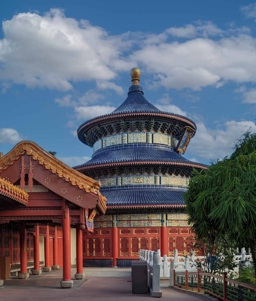 Temple of Heaven complex with a blue-tiled circular building and red wooden structures against a blue sky. - Aufgang Travel