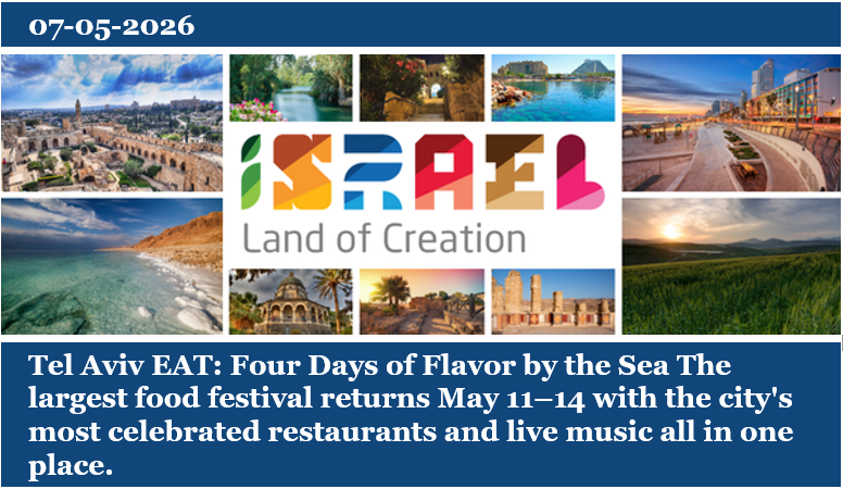 Banner promoting Israel’s Tel Aviv EAT festival (May 11–14) with a 'Land of Creation' collage of scenic photos. - Aufgang Travel