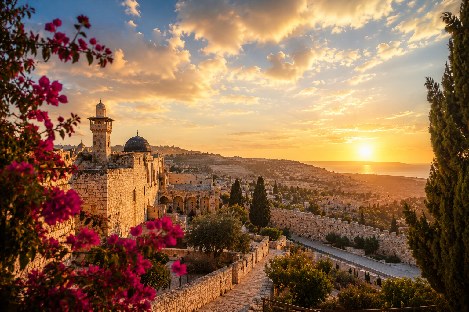 Sunset over an ancient stone fortress with a domed building and a tall minaret, pink flowers in the foreground. - Aufgang Travel