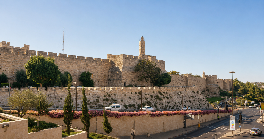 Stone city wall with battlements and a tall cylindrical tower overlooks a busy street lined with pink flowers and trees in bright daylight.