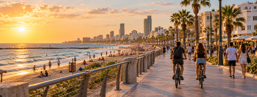Sunset over a busy beach promenade with people walking and cycling along a palm-lined boardwalk and a city skyline in the distance .